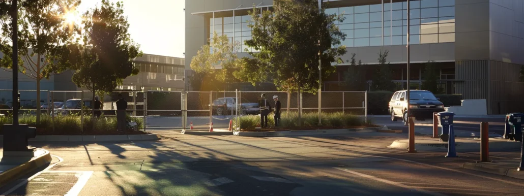 a group of workers installing a high-tech security fence around a corporate building, with acumatica erp software displayed on tablets and laptops.