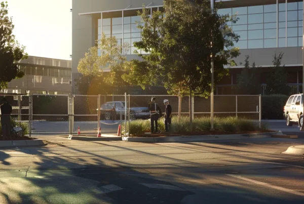 a group of workers installing a high-tech security fence around a corporate building, with acumatica erp software displayed on tablets and laptops.