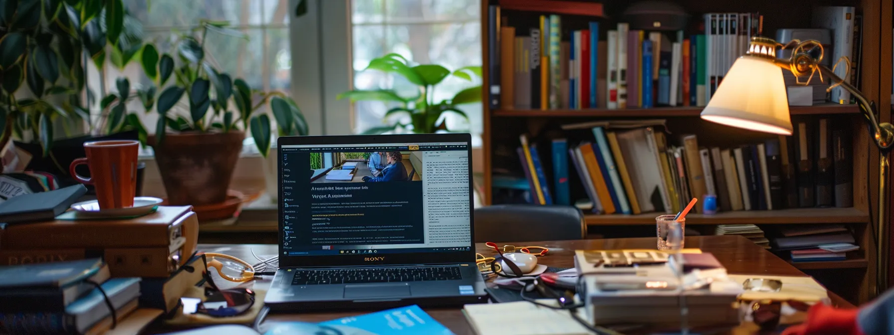 a person immersed in online acumatica training videos, surrounded by a stack of study materials and a laptop displaying the acumatica university website.