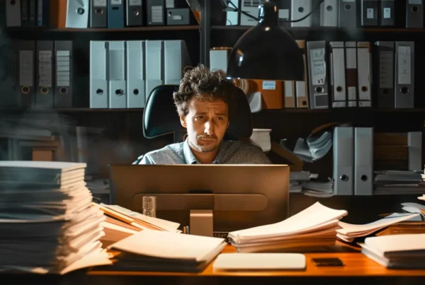 a person sitting at a desk surrounded by piles of paperwork and a confused expression while a computer screen displaying the acumatica cloud erp software simplifies their financial planning process.