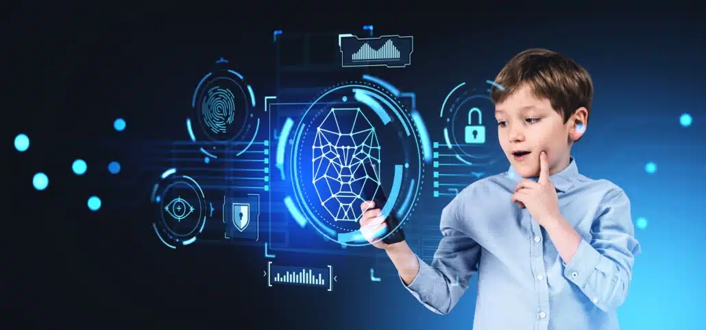 Portrait,Of,Surprised,Boy,Using,Smartphone,With,Facial,Recognition,Interface