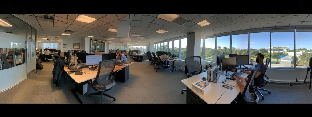 a modern office workspace in orlando bustling with it professionals handling complex tech issues.