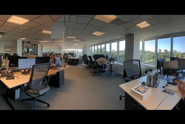 a modern office workspace in orlando bustling with it professionals handling complex tech issues.