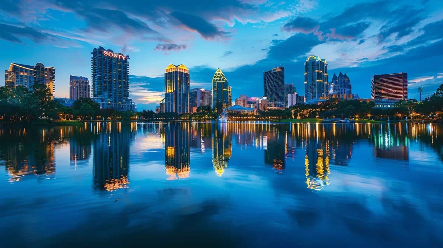 a futuristic skyline of orlando illuminated at dusk, showcasing sleek, glass-clad buildings with holographic displays of cloud technology, symbolizing the evolution and innovation in cloud solutions.