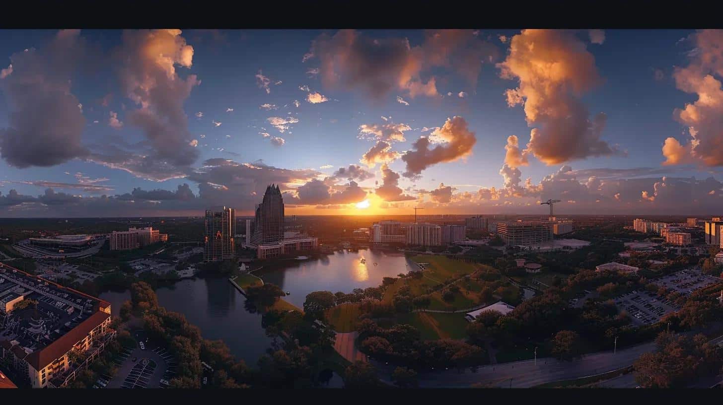 a panoramic view of a bustling orlando skyline at sunset, symbolizing innovation and technology, with clouds subtly integrated into the scene to represent industry-specific cloud solutions supporting healthcare, retail, and education sectors.