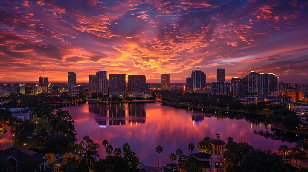 a panoramic view of a vibrant orlando skyline at sunset, showcasing a network of cloud services symbolized by luminous, ethereal wisps connecting modern skyscrapers against a backdrop of fiery oranges and deep purples.