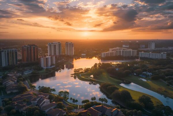 a striking aerial view of a modern orlando skyline enveloped in soft, ethereal clouds, symbolizing the vital significance of cloud data security for businesses.