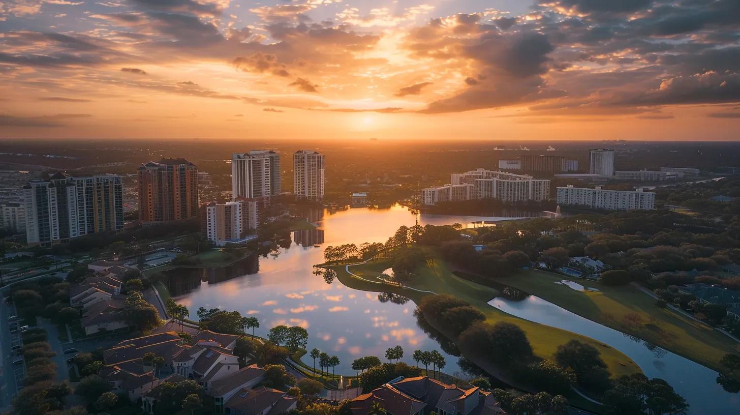 a striking aerial view of a modern orlando skyline enveloped in soft, ethereal clouds, symbolizing the vital significance of cloud data security for businesses.