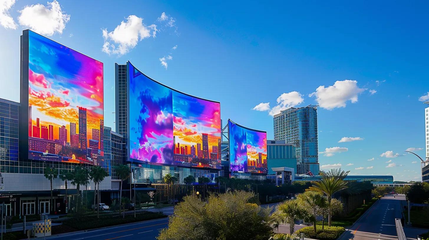 a stunning aerial view of orlando's skyline, showcasing vibrant cloud-themed billboards of the leading cloud service providers against a backdrop of clear blue skies and modern skyscrapers, highlighting the city's booming technology landscape.