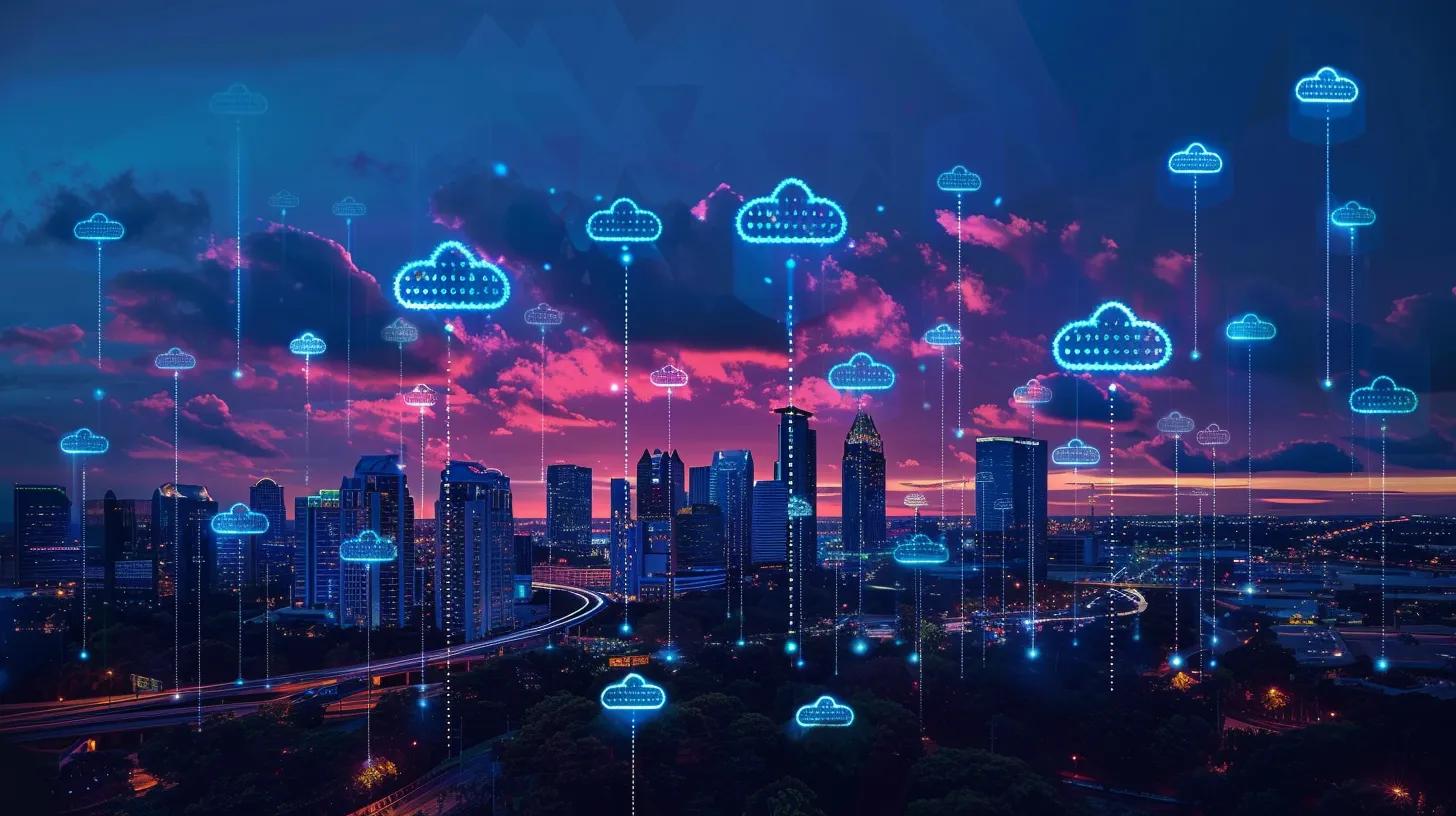 a vibrant city skyline of orlando at dusk, illuminated by glowing data security symbols, representing the successful implementation of cloud data security practices and the community's commitment to technological safety.