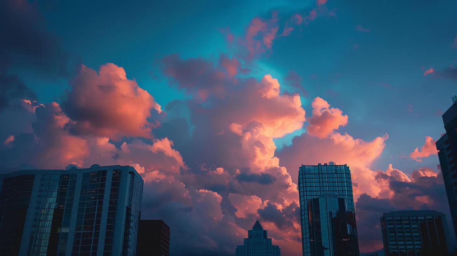 a vibrant skyline of orlando at sunset, with ethereal clouds illuminated in warm hues, symbolizing the innovative cloud solutions offered by local providers, framed by modern buildings that reflect the city's dynamic business environment.