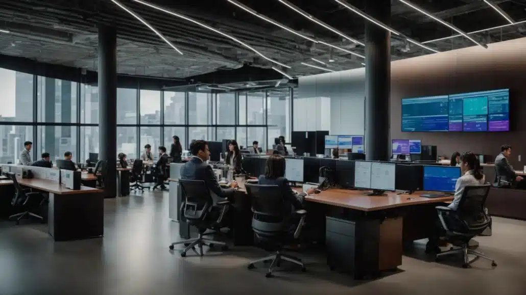 a dynamic and vibrant office environment showcases diverse professionals engaged in collaborative discussions, with digital screens displaying innovative it outsourcing solutions that emphasize growth and efficiency.