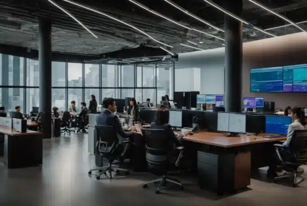 a dynamic and vibrant office environment showcases diverse professionals engaged in collaborative discussions, with digital screens displaying innovative it outsourcing solutions that emphasize growth and efficiency.