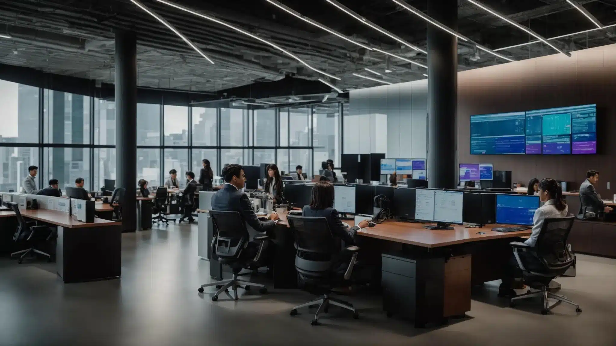 a dynamic and vibrant office environment showcases diverse professionals engaged in collaborative discussions, with digital screens displaying innovative it outsourcing solutions that emphasize growth and efficiency.