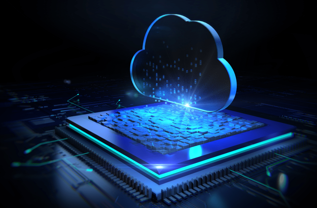 Illustration of a computer chip with a holographic cloud icon above it