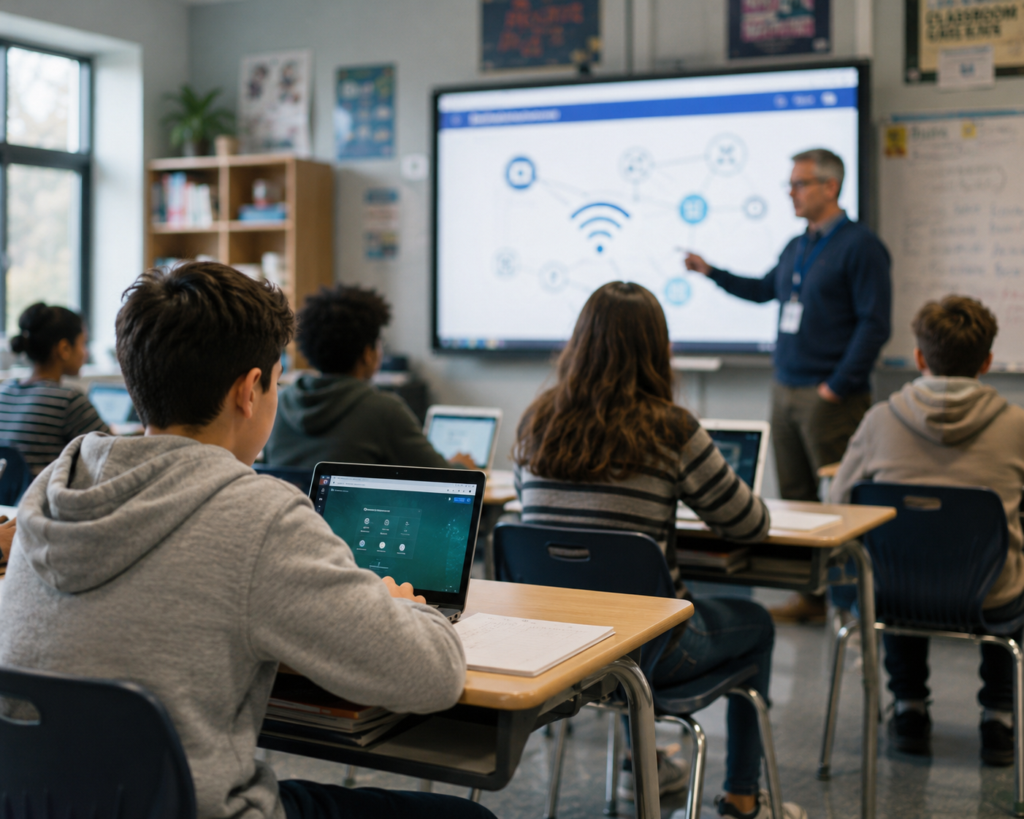Teacher pointing to a network diagram on a smartboard while students work on laptops