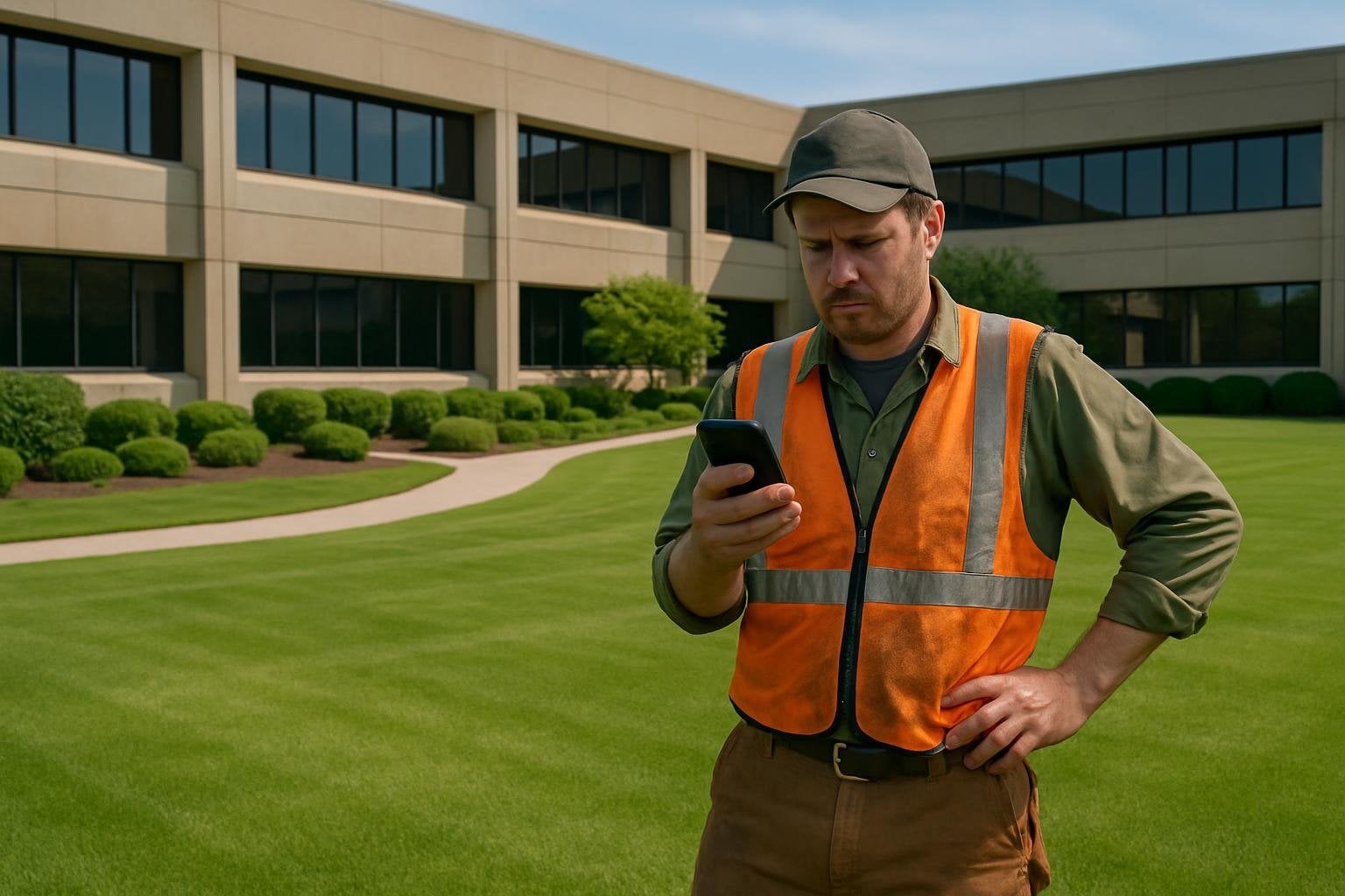 Commercial landscaping contractor on a wide corporate job site, looking at smartphone with a frustrated expression