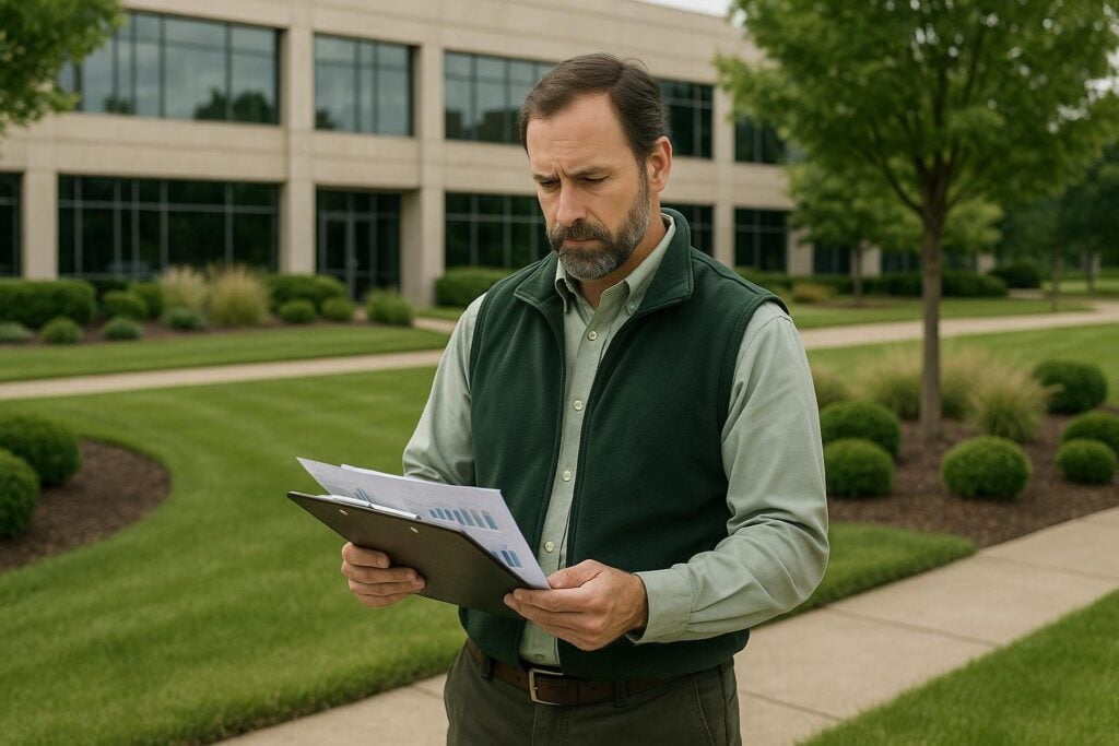 Commercial landscaping manager reviewing branch profitability reports on a corporate job site
