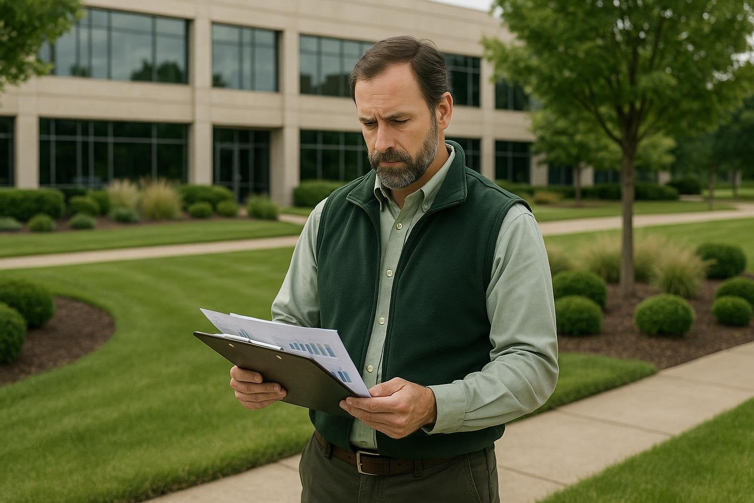 Commercial landscaping manager reviewing branch profitability reports on a corporate job site