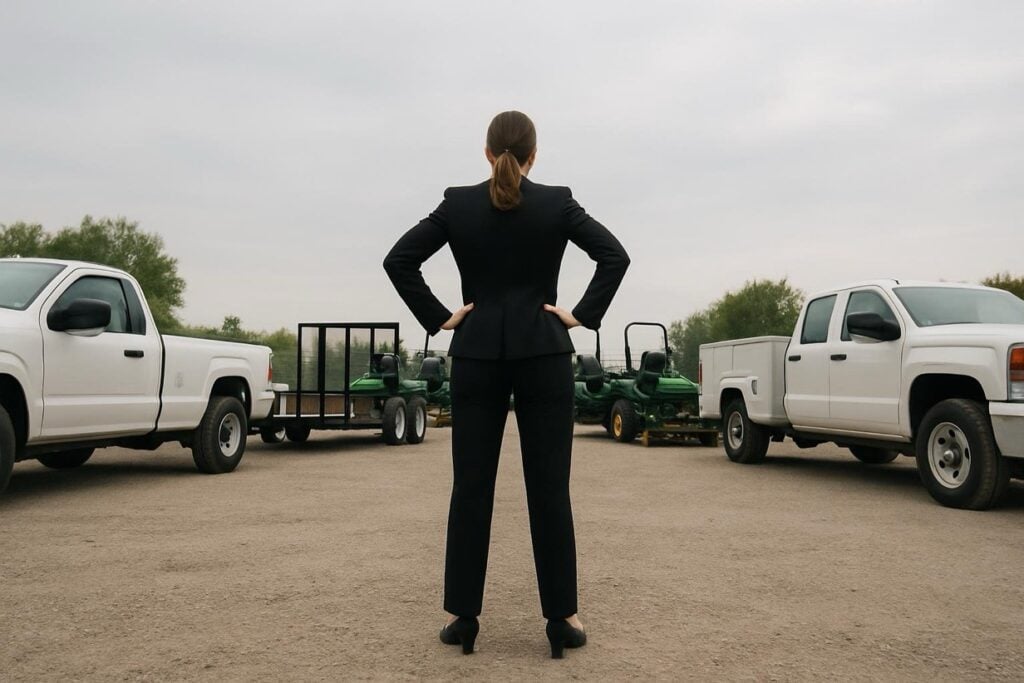 Commercial landscaping finance executive evaluating equipment fleet at a service yard
