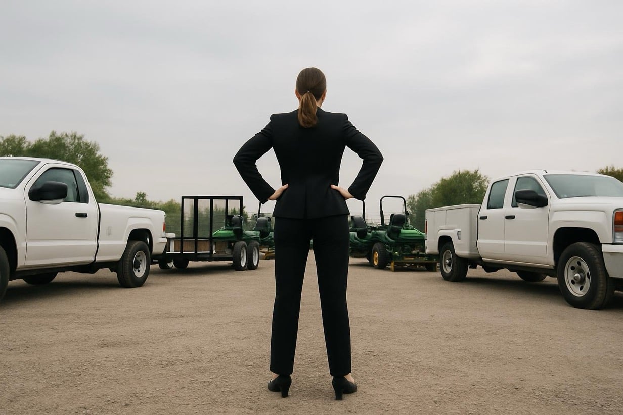 Commercial landscaping finance executive evaluating equipment fleet at a service yard