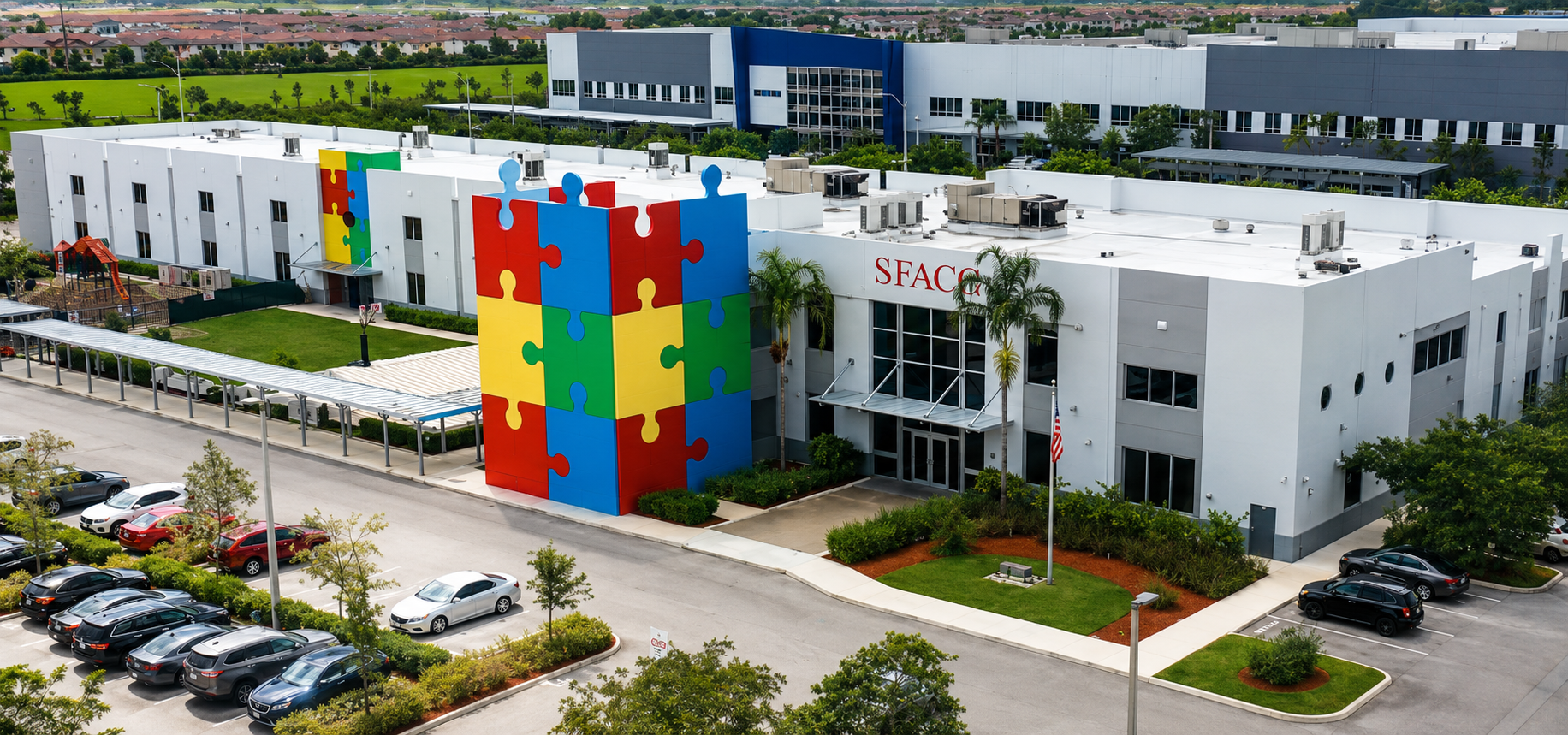 SFACS' modern campus with colorful puzzle tower