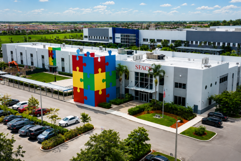 Aerial view of the SFACS school building with a colorful puzzle piece mural