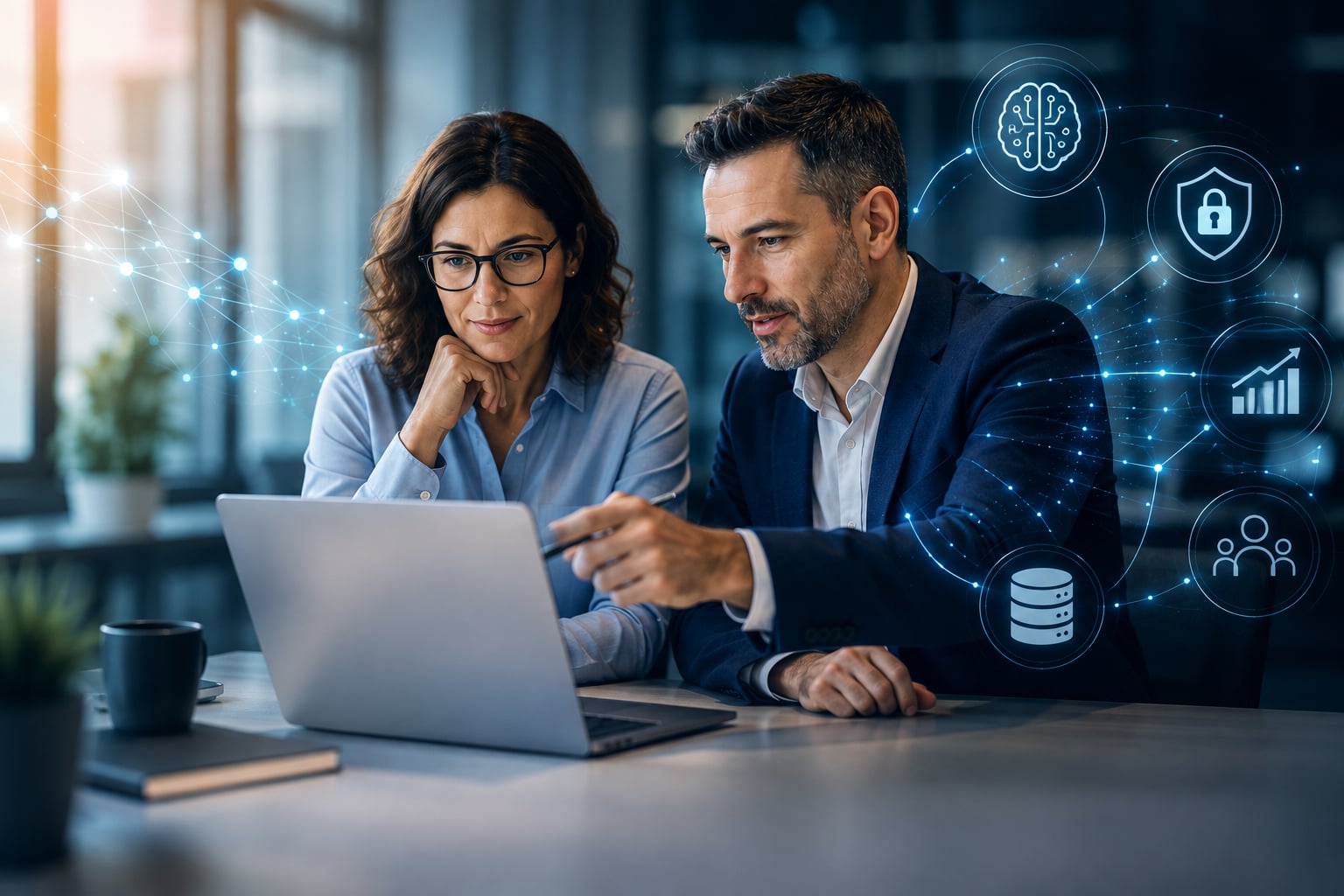 Two business colleagues collaborating over a laptop with AI, cybersecurity, and data network overlays