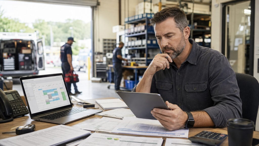 Trades business owner reviewing a field service schedule on a laptop at a desk overlooking a warehouse