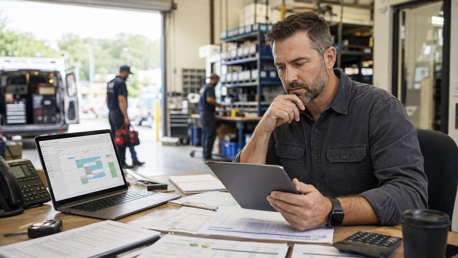Trades business owner reviewing a field service schedule on a laptop at a desk overlooking a warehouse