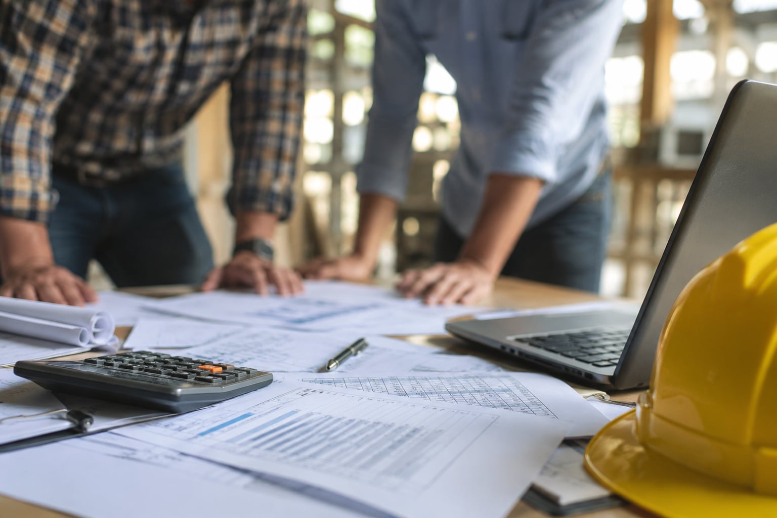 Calculator, job costing spreadsheets, blueprints, and a yellow hard hat on a construction table